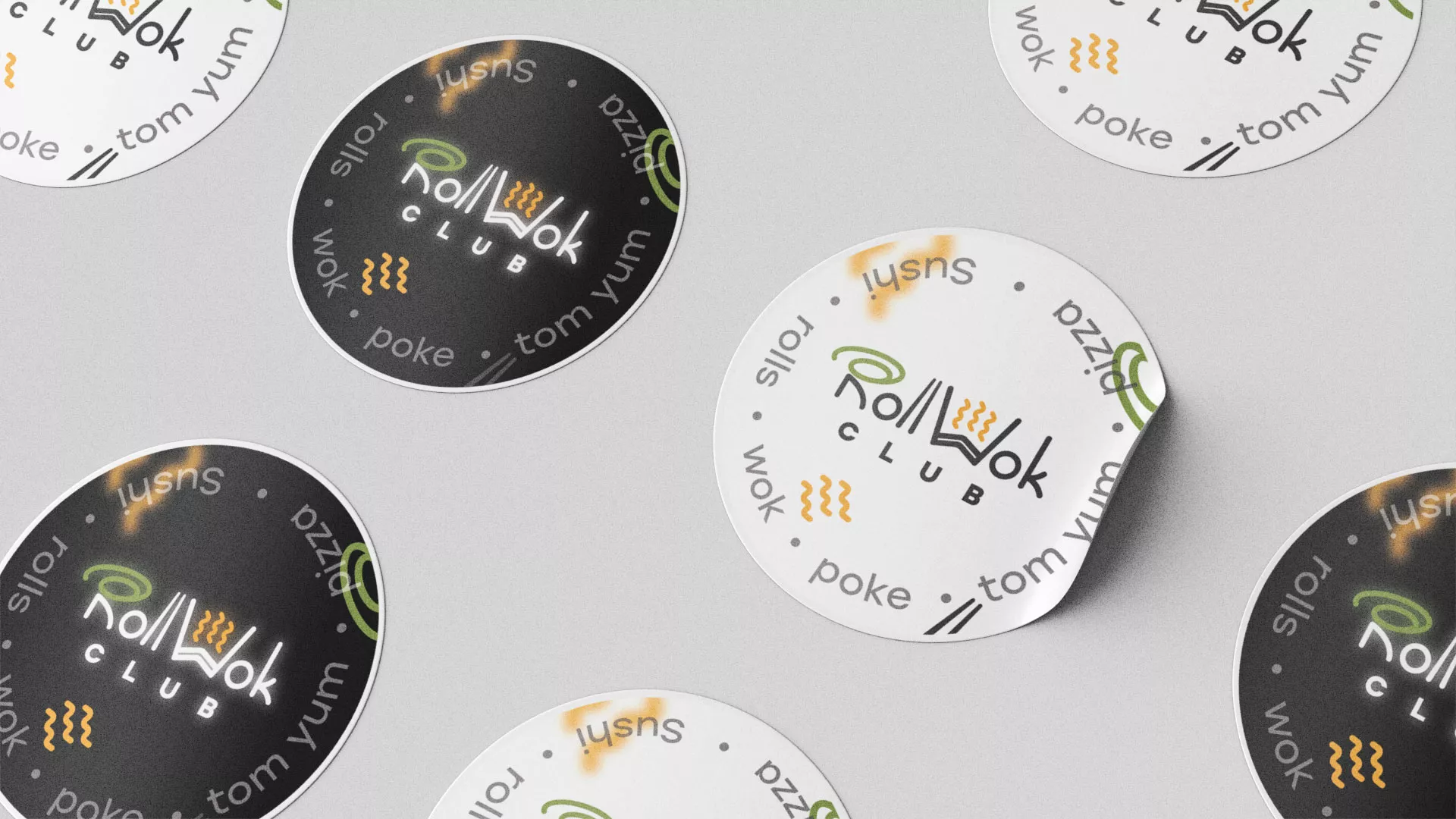 Разработка дизайна наклеек для суши-бара «Roll Wok Club» в Мензелинске